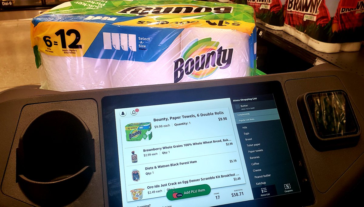 Anything you purchase, must be able to sit in the cart below the cameras. I needed to buy paper towels, but the six-pack of Bounty that I wanted to purchase caused a sensor error. Instead I had to buy another brand that was sold in two packs.  #CPG  #Retail