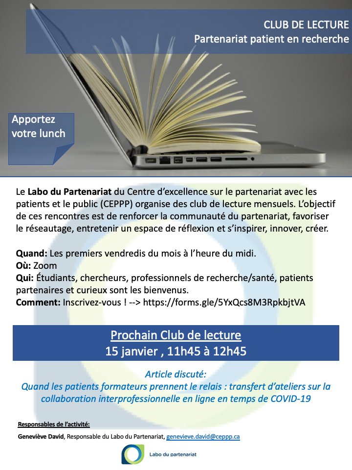GenevieveDavid_'s tweet image. Vous faites quoi le 15 janvier? Je serai au Club de lecture du @PartenariatLabo si ça vous intéresse. On discutera des patients formateurs en temps de COVID-19. 
Inscriptions 👉 forms.gle/5YxQcs8M3Rpkbj…