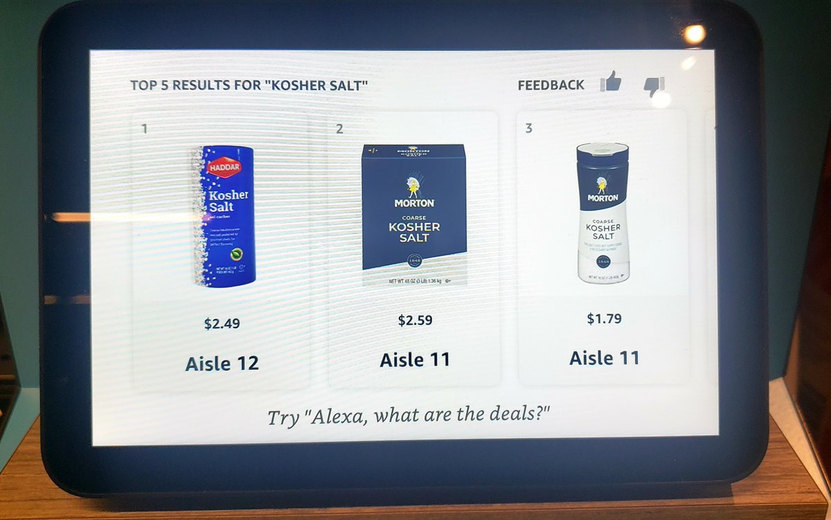 If using the Alexa Shopping List function at home, you will see those items come up the cart’s interactive screen. In addition, there are stands that you can use Alexa to help find items in store. I did this experience after I struggled to find kosher salt.  #Alexa  #voicefirst