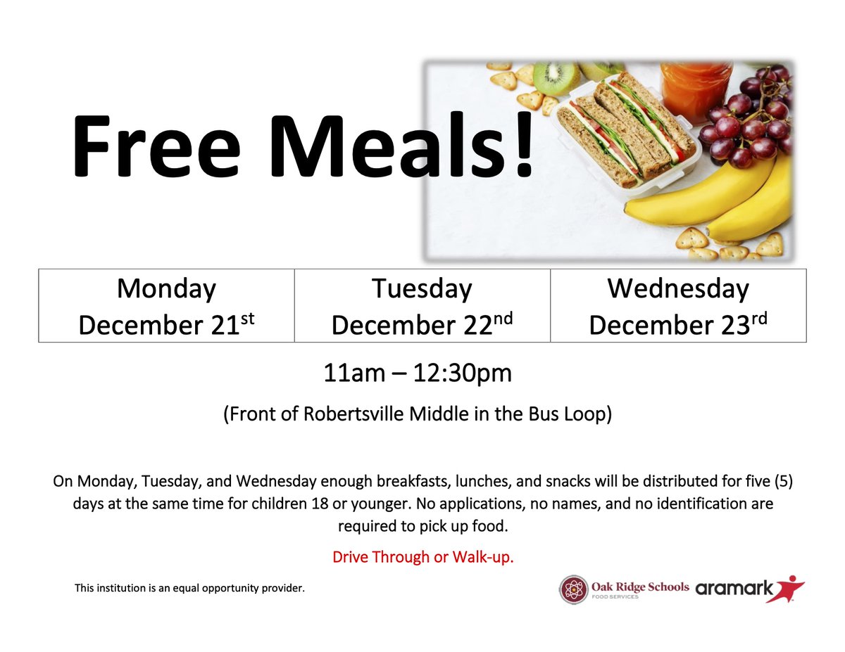 Attention Families: Free Meals for children 18 or younger.