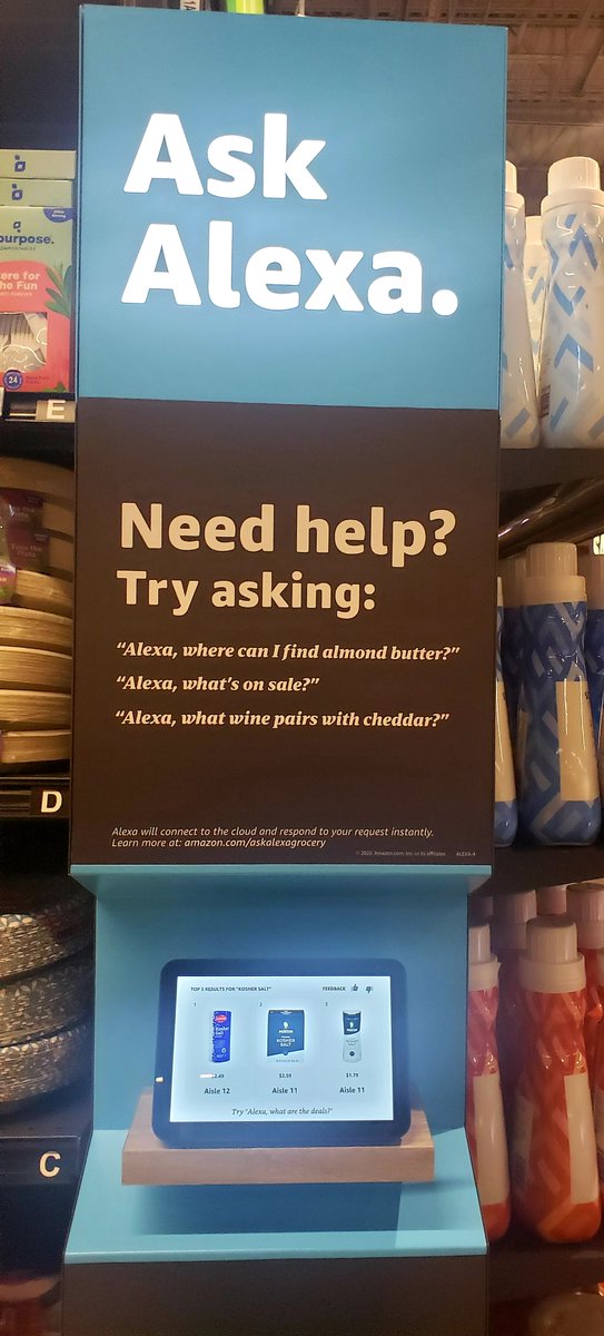 If using the Alexa Shopping List function at home, you will see those items come up the cart’s interactive screen. In addition, there are stands that you can use Alexa to help find items in store. I did this experience after I struggled to find kosher salt.  #Alexa  #voicefirst