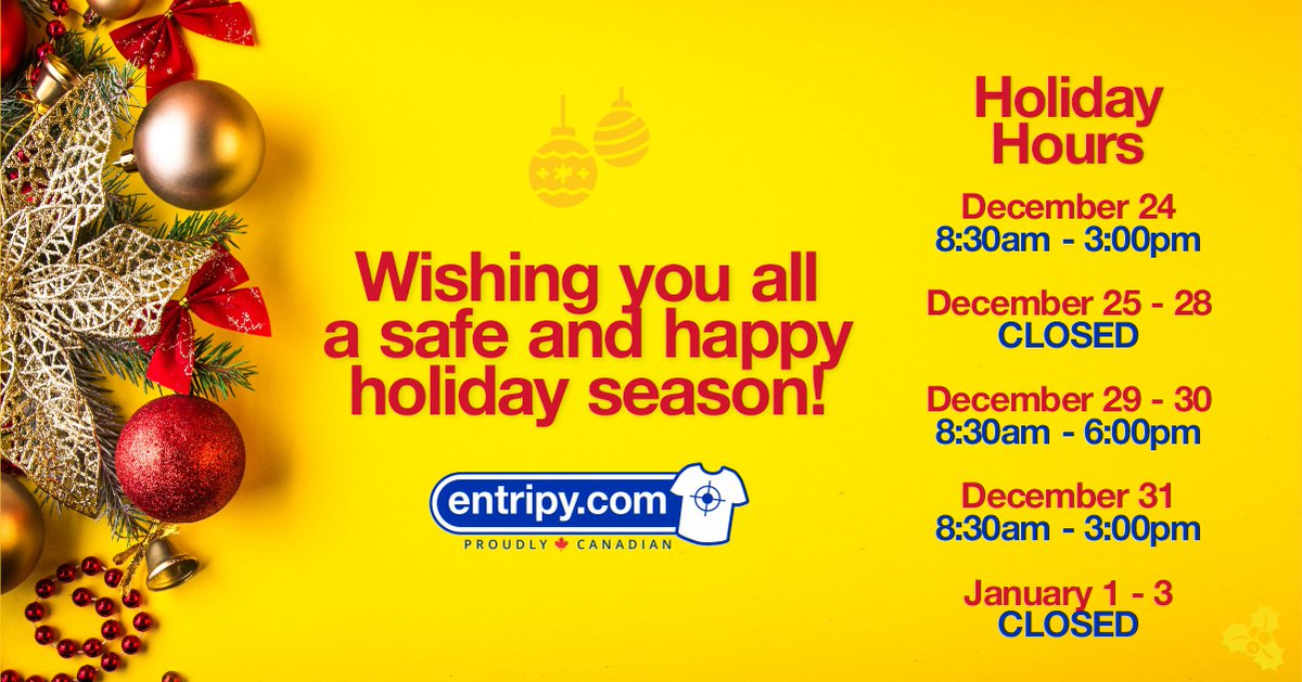 We're closing up early on December 24th and 31st at 3pm to celebrate the holiday season. We wish you and your families a safe and happy holiday season

#holidayhours #happyholidays

Full Holiday Hours here: entripy.com/companyinfo/co…