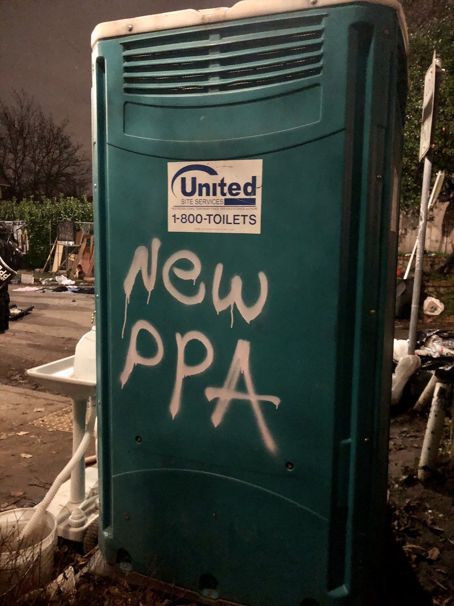 The Porta potty that was used for the first few days read “Wheelers Officer” and “New PPA.”