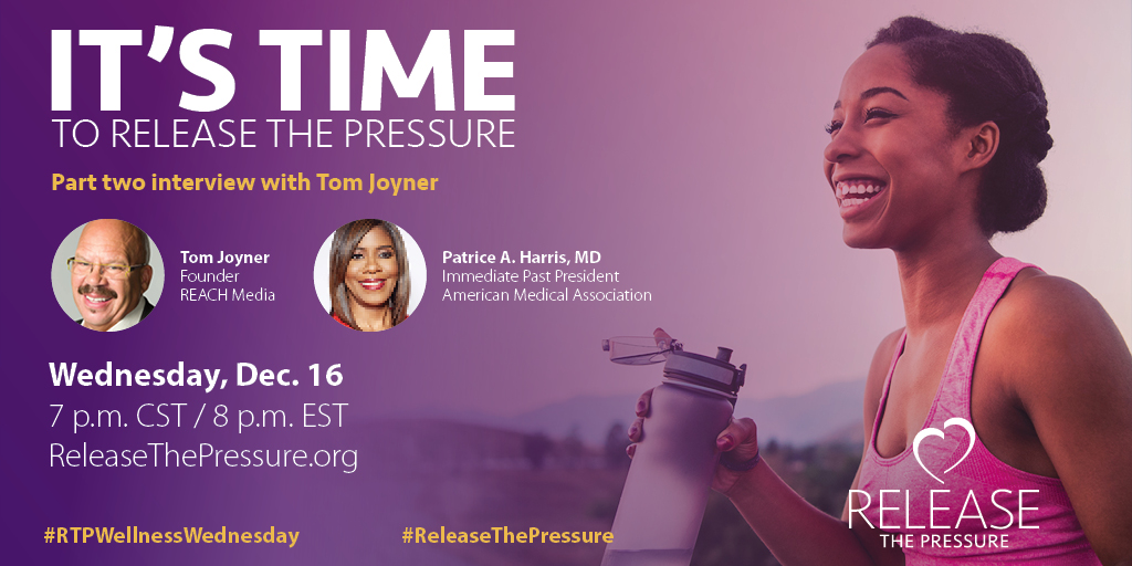 TONIGHT at 7pm CT, join our #ReleaseThePressure squad for part two of @PatriceHarrisMD's #RTPWellnessWednesday interview with Tom Joyner. Tune in for a conversation that touches on race, health, lifestyle and how to release the pressure. spr.ly/6018HuGMo