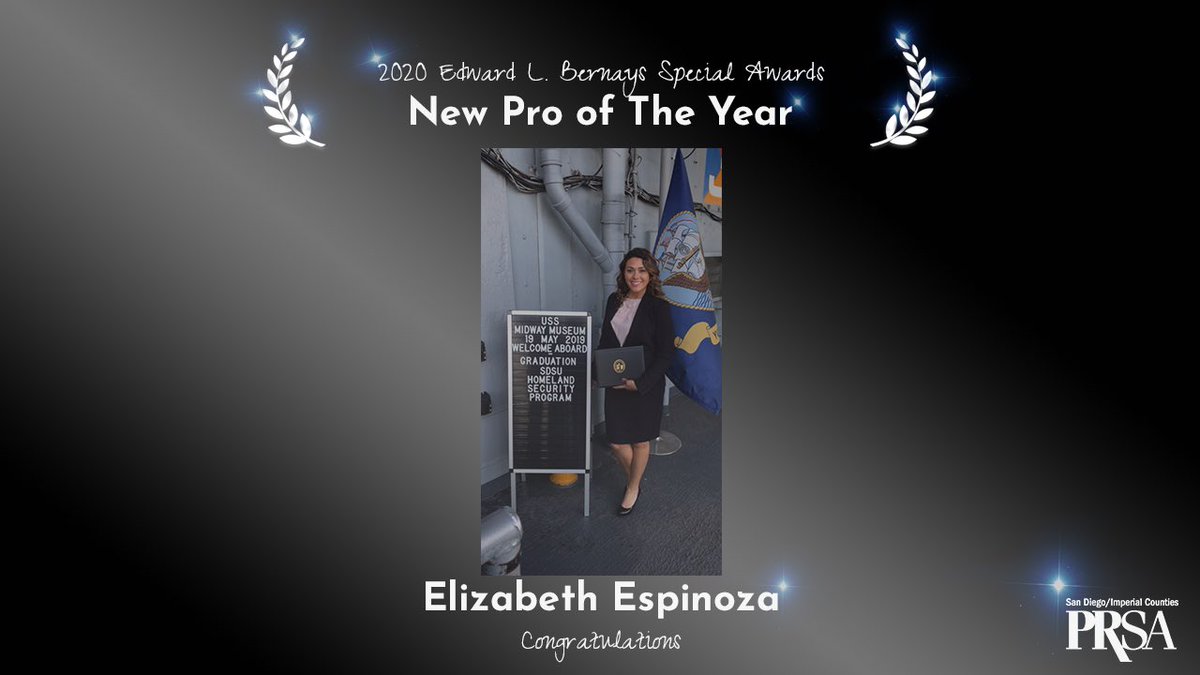 PRSAsandiego's tweet image. The New Professional of the Year Award goes to Elizabeth Espinoza! 🏆 

@lizardium is the Communications and Governmental Relations Officer for Imperial Valley College and has managed IVC's internal and external communications needs during the COVID-19 crisis. #Resilience2020