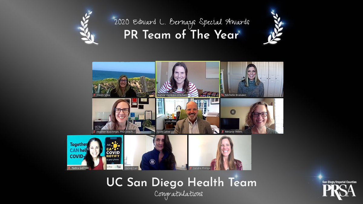 PRSAsandiego's tweet image. Last but not least, the Bernays Special Award for PR Team of the Year! The 2020 honor goes to the @UCSDHealth PR Team 🏆 for their timely &amp;amp; strategic communications during the COVID-19 crisis. #Resilience2020