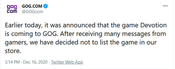 Stand_with_HK's tweet photo. So a game that is set in #Taiwan , made by Taiwanese is pulled by GOG
The same game removed by Steam after the game was review bombed by Chinese players due to a reference to Xi Jinping

Looks to me there are quite a few messages decrying the company's decision too https://t.co/hFSNpO5nzS