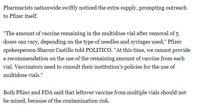 I can't actually find any reference to overfill in the FDA's documents or decision memorandum, but Pfizer told Sarah Owermohle that the amount varies. (Less clear: By how much).