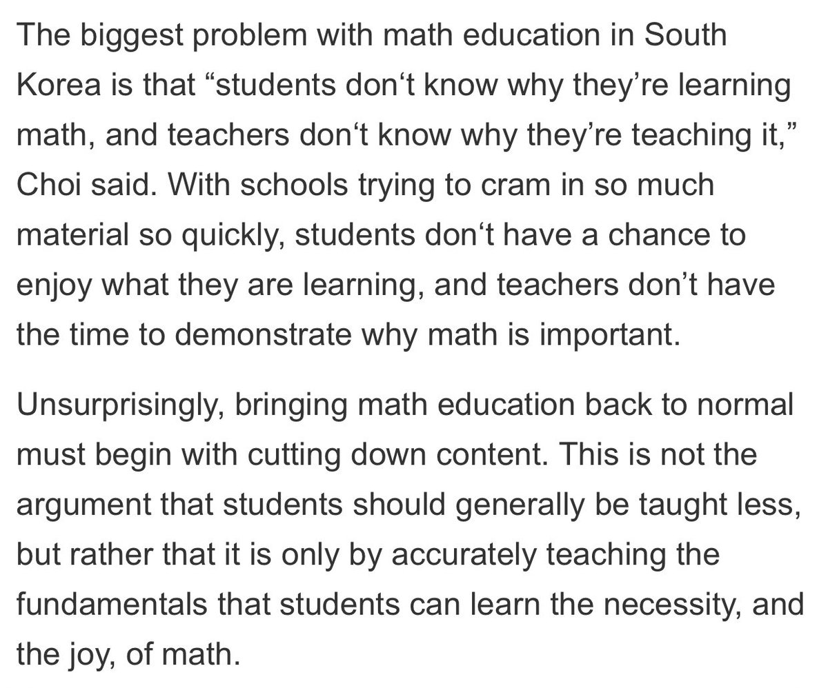 Ini powerful statement, dikatakan bahwa murid gatau kenapa mereka belajar matematikq, guru juga gatau kenapa mereka ngajarin ini.Intinya pokoknya do what you are told. Cara kalo mau berubah? Kurangi materi. Ubah cara ajar.