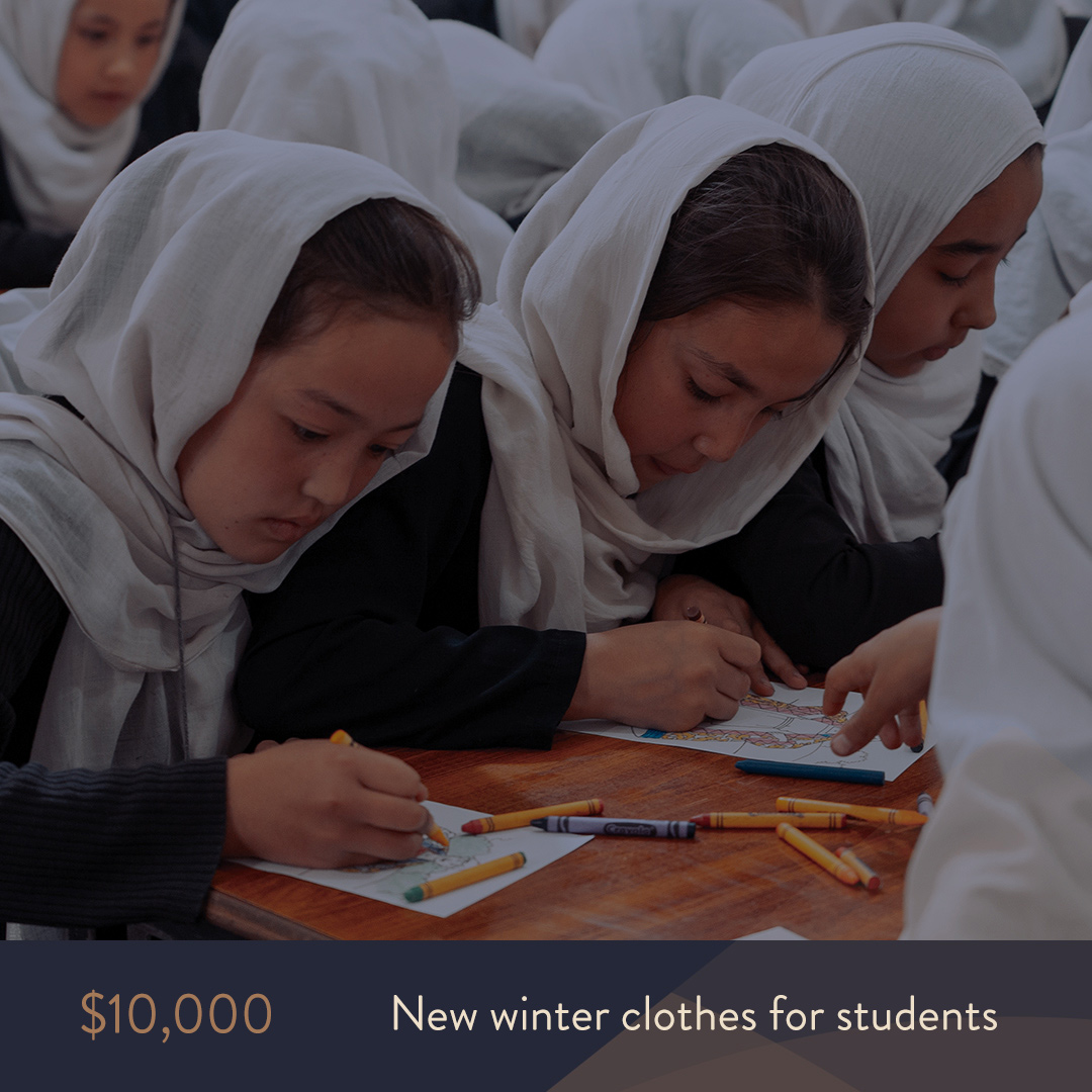 Our first goal is to raise $10,000 for Winter coats for our students. It costs $26 to provide a Sozo School student with winter clothes. As the weather gets colder in Kabul, the 370 elementary school students need to replace the winter gear they’ve outgrown or never had.