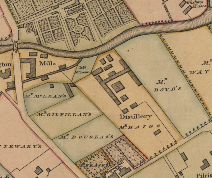 John Haig was one of 5 Scotch distillers to export to England in 1814 when the prohibition on the trade was lifted. From 1835 the site produced gin for the London market as well . Distilling ceased in 1853 and the site became a flour mill. These maps are from 1804 and 1849