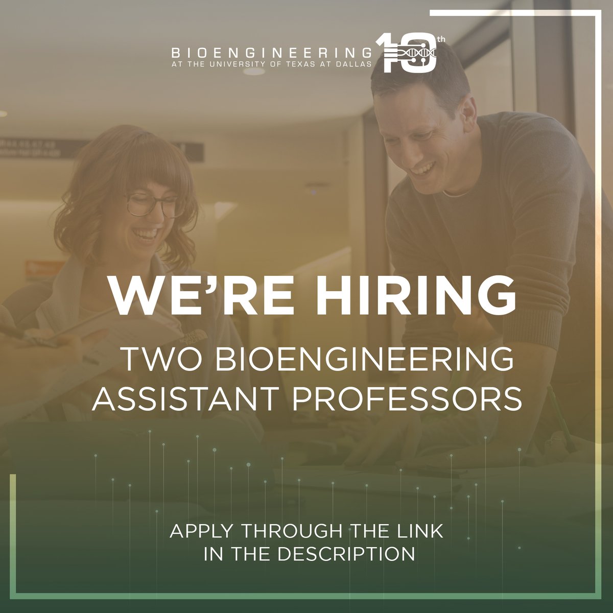 The Department of Bioengineering at The University of Texas at Dallas is searching for highly qualified candidates to fill (2) Assistant Professor tenure track faculty positions and (2) Assistant Professor of Instruction positions.

utd.edu/t/6693
utd.edu/t/6694