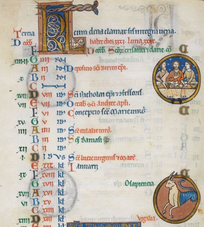 The start of the O Antiphons, beginning with 'O Sapientia', is often marked in medieval calendars for December (usually next to some version of a goat, symbolising Capricorn...). It's a sign that Christmas is coming closer.(BL Add. 38116, Lansdowne 420, Royal 1 D X)