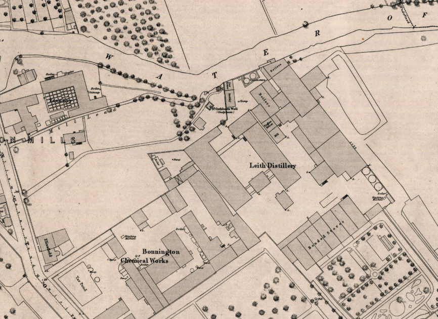 John Haig was one of 5 Scotch distillers to export to England in 1814 when the prohibition on the trade was lifted. From 1835 the site produced gin for the London market as well . Distilling ceased in 1853 and the site became a flour mill. These maps are from 1804 and 1849