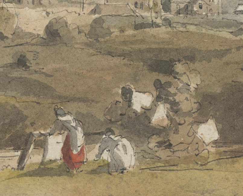 In the foreground, women hang out their washing on the bleaching green. This allowed them to bleach their linen in the sunlight.