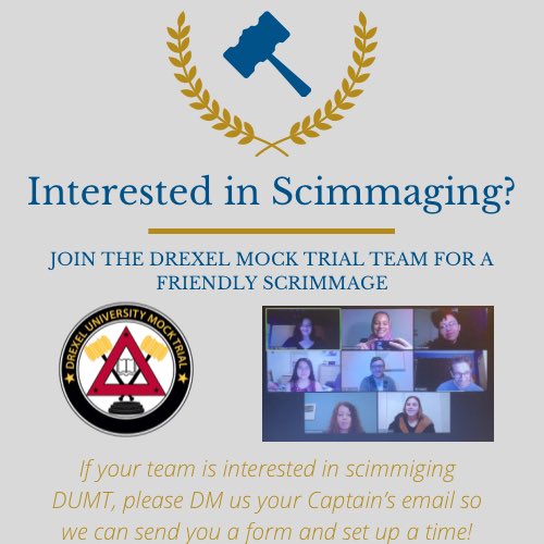 Interested in practicing for Regionals? Here’s your opportunity! DUMT would love to scrimmage with your teams. To participate, either DM us or email mocktrial@drexel.edu so we can set up a time ⚖️ Happy Mocking 🖋