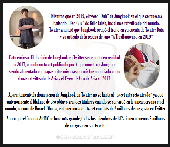 BangBangtanEsp_'s tweet photo. ARTÍCULO📰 @BTS_twt 

Jungkook ahora tiene el tweet más retwitteado por un idol de K-pop durante 3 años consecutivos, mientras que apenas está activo en Twitter.

📎https://t.co/8t8tqj9qY2 

 ~El efecto Jungkook gente💃💥

Naya🪐
Cr. Allkpop

#방탄소년단정국
#BTS #JUNGKOOK https://t.co/62rZ0lDIMD