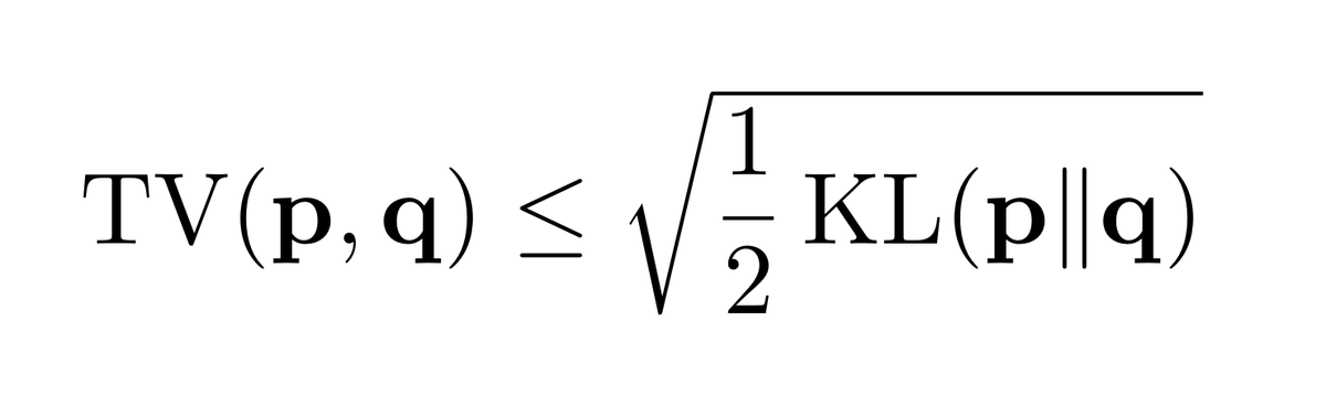 Stuff I wish I had known sooner: "Pinsker's inequality is cancelled," a thread. If you want to relate total variation (TV) and Kullback-Leibler divergence (KL), then everyone, from textbooks to Google, will point you to Pinsker's inequality: TV(p,q) ≤ √(½ KL(p||q) )1/