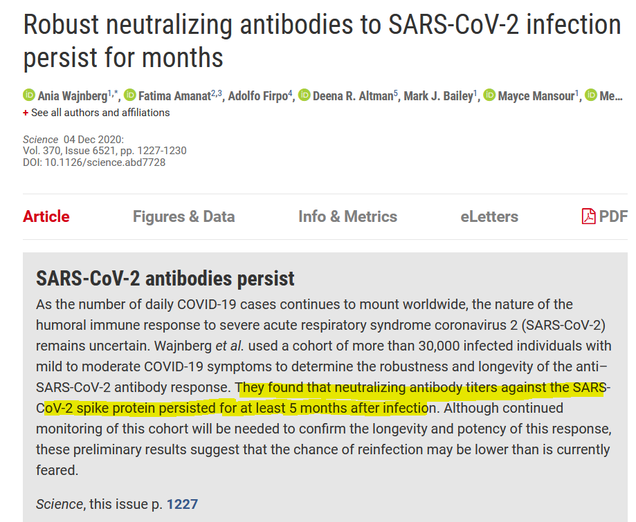 13/n Mais aussi les 20-25% de personnes en France, qui ont déjà été infectées par le virus. Or, un suivi de cohorte montre que ces personnes, exclues des essais cliniques, avaient une immunité sérologique à IgG anti spike durable, sans parler d'une immunité locale protectrice.