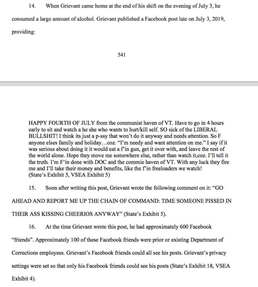 SocialLawVT's tweet photo. VT DOC employee terminated and termination upheld by VT Labor Board for this Facebook post. Decision available here. Grievance of Frank - https://t.co/AoSkIWtzgP https://t.co/aIgfQh7Ax6