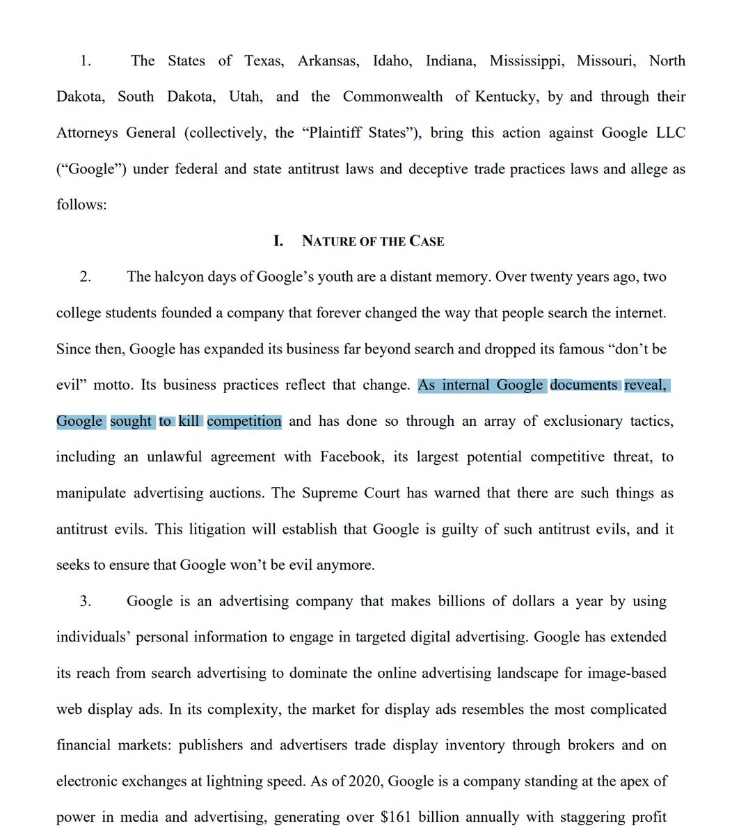 States bring action against Google under federal and state antitrust laws, lead by the Texas AG.The suit includes "Internal Google documents". It's going for the jugular: Google's monopoly on serving ads.Read it: https://www.texasattorneygeneral.gov/sites/default/files/images/admin/2020/Press/20201216%20COMPLAINT_REDACTED.pdf