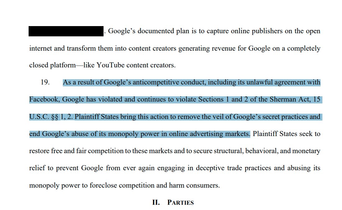 "As a result of Google’s anticompetitive conduct, including its unlawful agreement with Facebook, Google has violated and continues to violate Sections 1 and 2 of the Sherman Act, 15 U.S.C. §§ 1, 2."