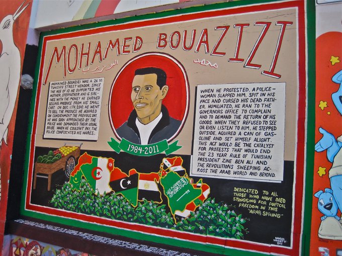maitelsadany's tweet photo. It is now December 17 in Tunisia.

Ten years ago today, a 26 year old Tunisian street vendor named Mohamed Bouazizi set himself on fire, helping to spark a chain of events that have changed the lives of so many, myself included, across the entire world.

📸Robby Virus https://t.co/KozPQL37TU
