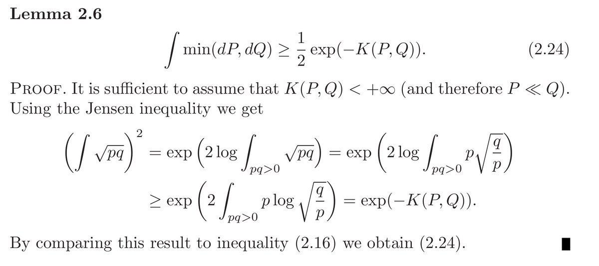 So, let's see Tsybakov's proof. It's short, but it uses Jensen's so *clearly* we can't trust it. Nope.Tsybakov credits the inequality to Bretagnolle and Huber (1979), so let's look at those and see if they don't prove something a bit tighter?6/