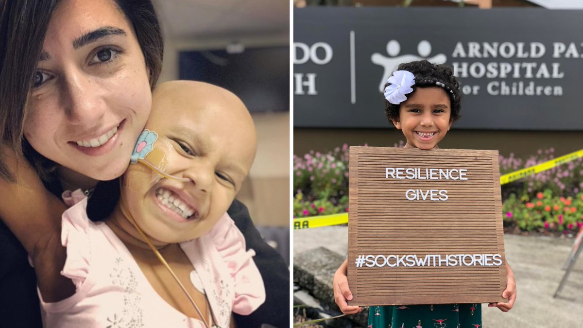 resiliencegives's tweet image. What a difference a year makes! This time last year, Chloe was having a bone marrow transplant for her #JMML.🎗 Now, one year post transplant, Chloe helped organize a sock donation at her local children&apos;s hospital in Orlando. 💛