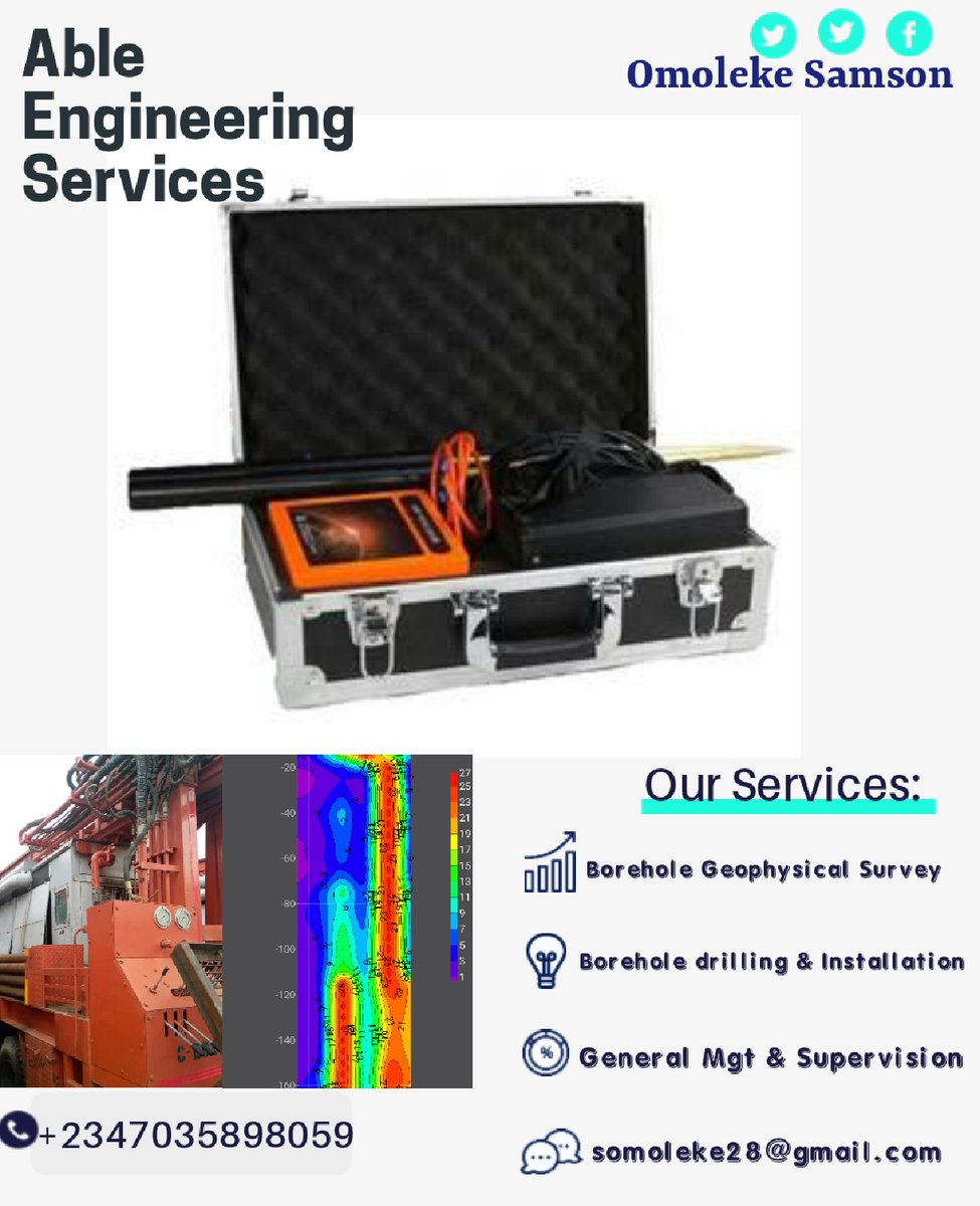 AbleEngineering's tweet image. At Able Engineering Services we are into everything that has to do with borehole, borehole Geophysical Survey, Borehole drilling and installation. You can contact us or send us a what&apos;sapp message on 07035898059