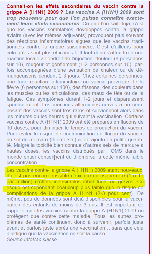 21/n Je rappelle ce que disait Infovac juste avant la tentative de généraliser le vaccin Pandemrix en 2009: le risque d'effets indésirables est très rare