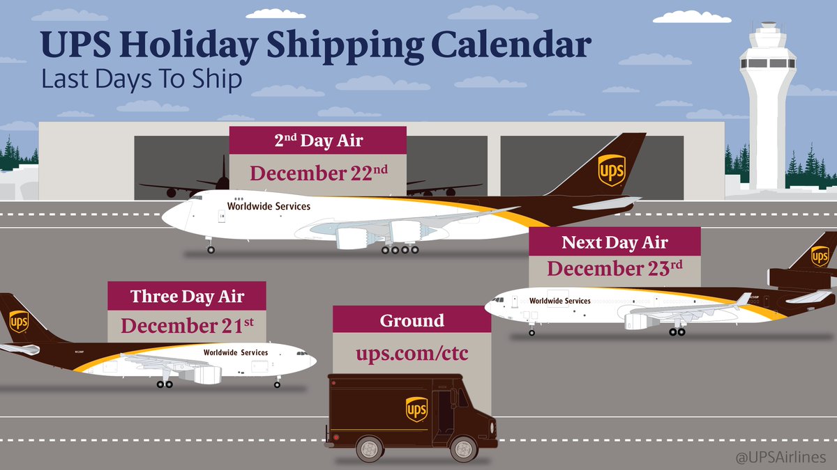 UPSAirlines's tweet photo. .@UPS holiday shipping deadlines are quickly approaching! Make sure you check our online tools for UPS Ground shipping deadlines – it depends on geography. 
📦 >> https://t.co/H4We6gKwZy https://t.co/NenZlu8Vbk