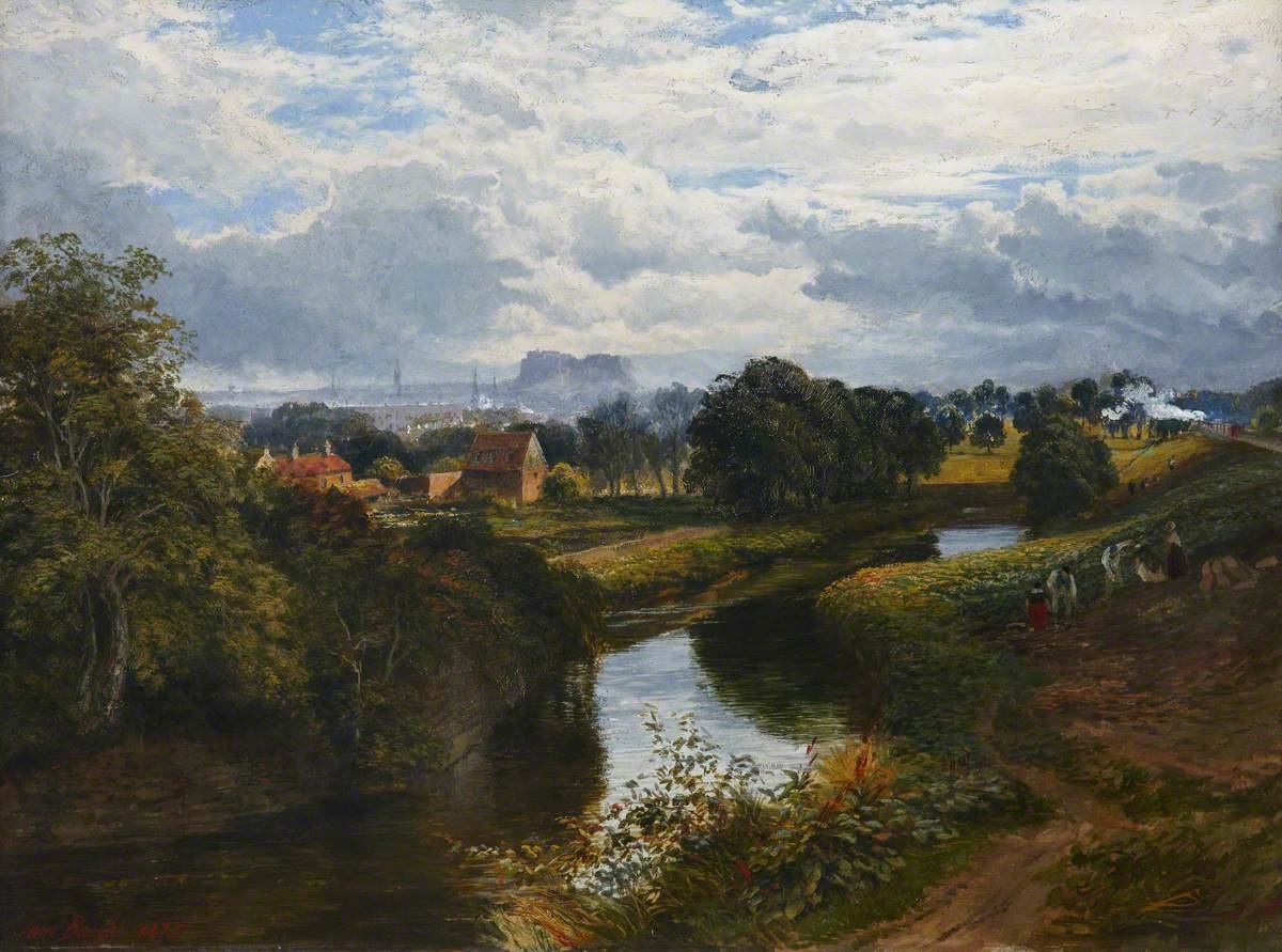 This 1859 view by Samuel Bough is taken from the bridge, looking west up the river. We see Bonnington Mills on the left. A very pastoral looking scene, that is broken by the steam engine hurtling towards us and Leith down the railway on the right (pic = Royal Scottish Academy)