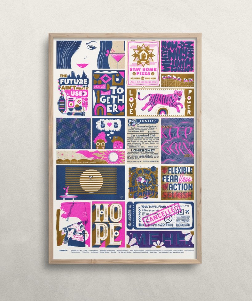 MITMKC's tweet image. 19 Kansas City designers + artists got together to collab on one poster for @gogrid19. Order your KC #risograph poster and support Kansas City Regional COVID19 Response &amp;amp; Recovery Fund cogrid19.com
Also see several other cities posters to support their community above.