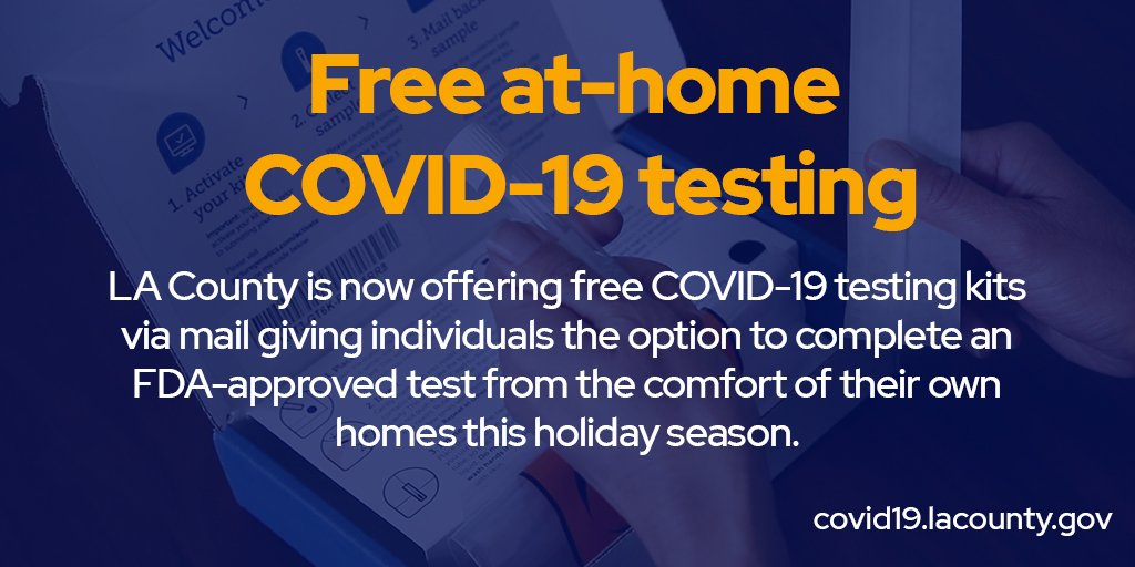 Janice Hahn (@supjanicehahn) on Twitter photo You don't have to leave your home to get tested for COVID-19. The <a href="/CountyofLA/">Los Angeles County</a> is offering free at-home test kits throughout the holiday season.
Sign up or view more information at covid19.lacounty.gov/la-county-holi…. You don't have to leave your home to get tested for COVID-19. The <a href="/CountyofLA/">Los Angeles County</a> is offering free at-home test kits throughout the holiday season.
Sign up or view more information at covid19.lacounty.gov/la-county-holi….