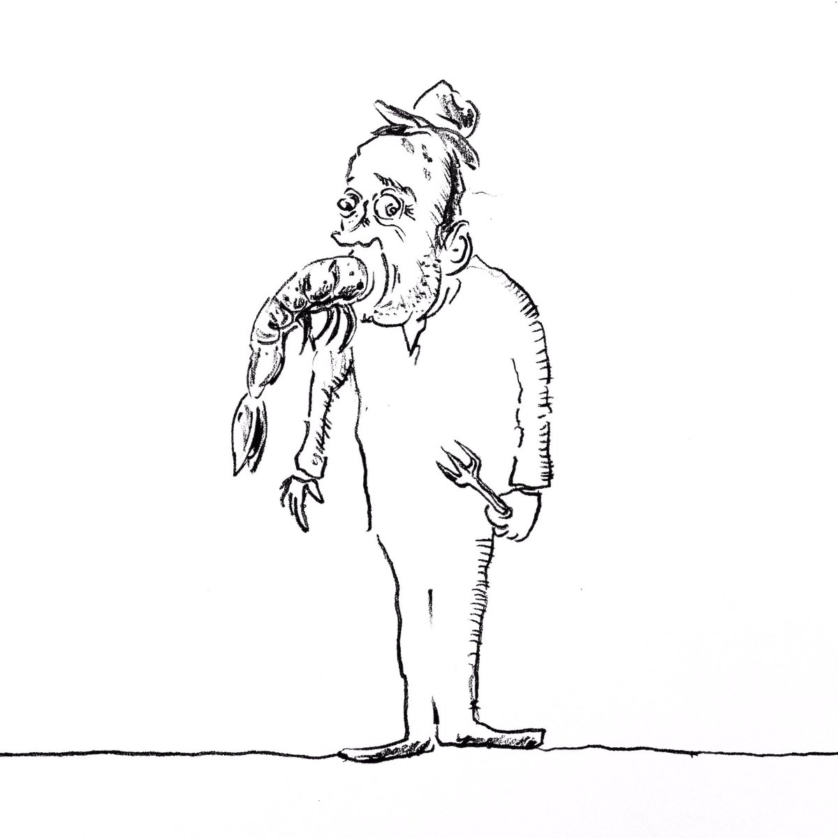 よしむし テイクアウトで ほうばりまくり 高タンパク低カロリーだし エビ美味いし 鉛筆画 鉛筆アート 鉛筆イラスト シュールアート シュールイラスト モノクロアート モノクロイラスト エビイラスト 海老