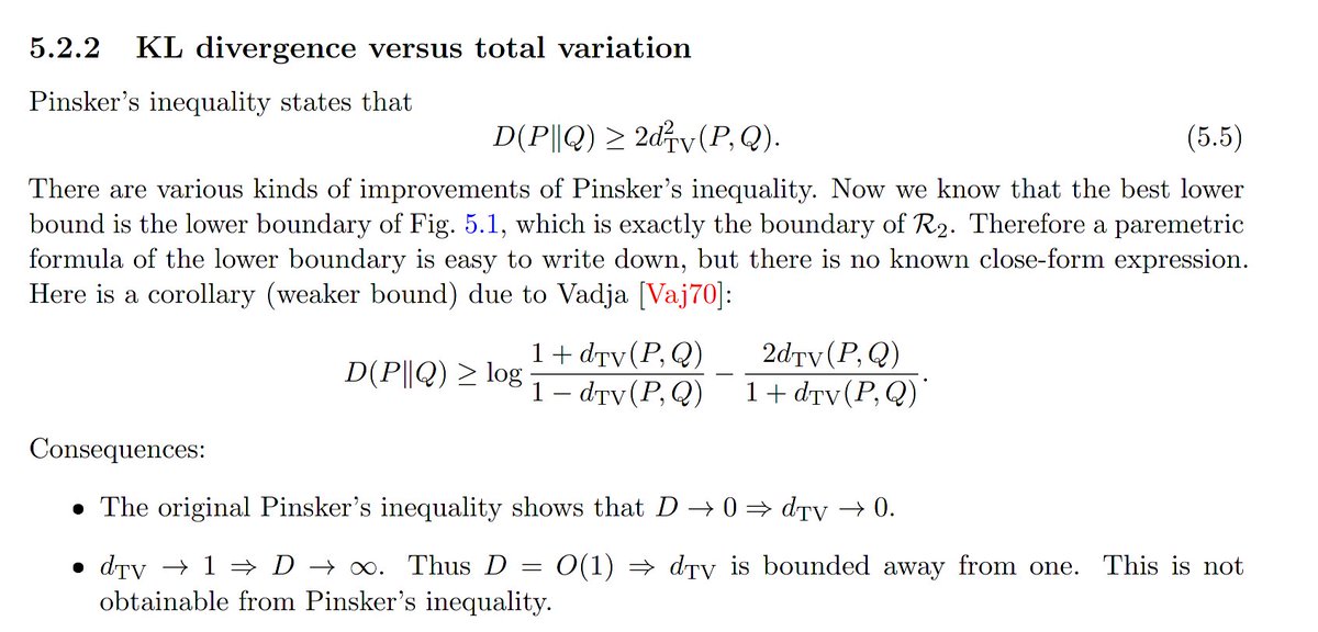 To conclude, 2 points:(1) As  @mraginsky pointed out, bounds tighter than Pinsker's are known and discussed in some places. E.g., Yihong Wu's notes (again), Section 5.2.2 have some... but I find it much harder to parse, and it never actually clicked. http://www.stat.yale.edu/~yw562/teaching/it-stats.pdf11/