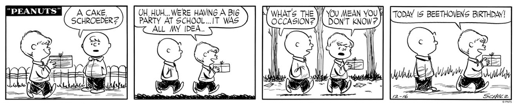 🎉 Happy 250th Birthday, Beethoven!! Schulz recognized Beethoven’s birthday in Peanuts 27 times. While the precise date is disputed, Schroeder honored it on 12/16. It is also celebrated on 12/17, the date of his baptism.⁠ This strip was first published on 12/16/1954.⁠ ⁠
