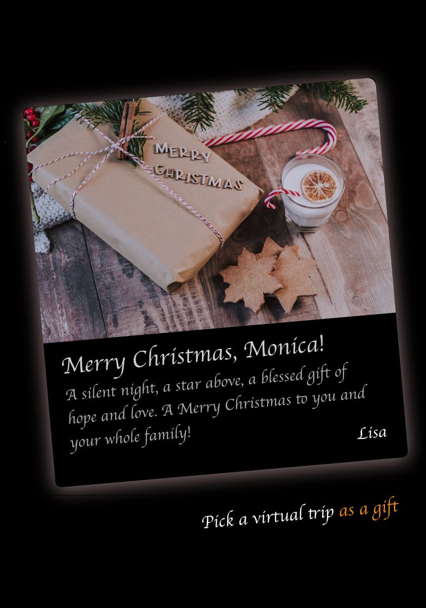 tenLocals's tweet photo. 🎁 Unique. Memorable. Enjoyable.
⠀
Last call for the holiday gifts – a #virtualtour to a far-away place of their choice.
⠀
Personalize the message, select a gift card image, pay $14.90, and send a uniquely thoughtful 🎁 to someone you appreciate. https://t.co/PeF2PNGbUu