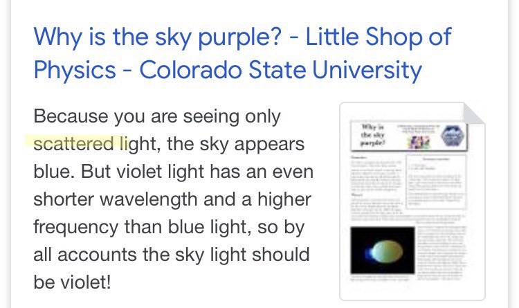 The sky is purple when light is scattered. Distanced. Apart.