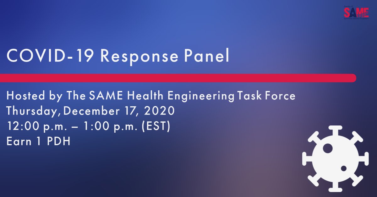 Join the SAME Health Engineering Task Force tomorrow at 12:00 PM EST for a COVID-19 Response Panel featuring Public Health Service Engineer Officers! Panel is free to participate and open to non-members. 👉  bit.ly/3raP7gP
