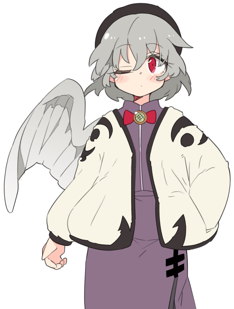 kishin sagume 1girl wings solo red eyes single wing one eye closed grey hair  illustration images