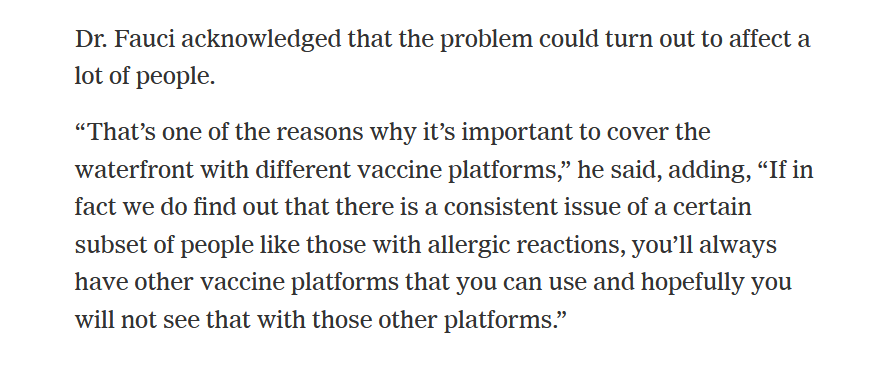 30/n Fauci ne semble pas si rassuré que ça, après les réactions anaphylactiques inattendues du premier jour: plusieurs millions d'américains sont allergiques et porteur d'Epipen et evion 5% sont allergiques  https://www.nytimes.com/2020/12/11/health/Covid-Pfizer-vaccine-allergies.html