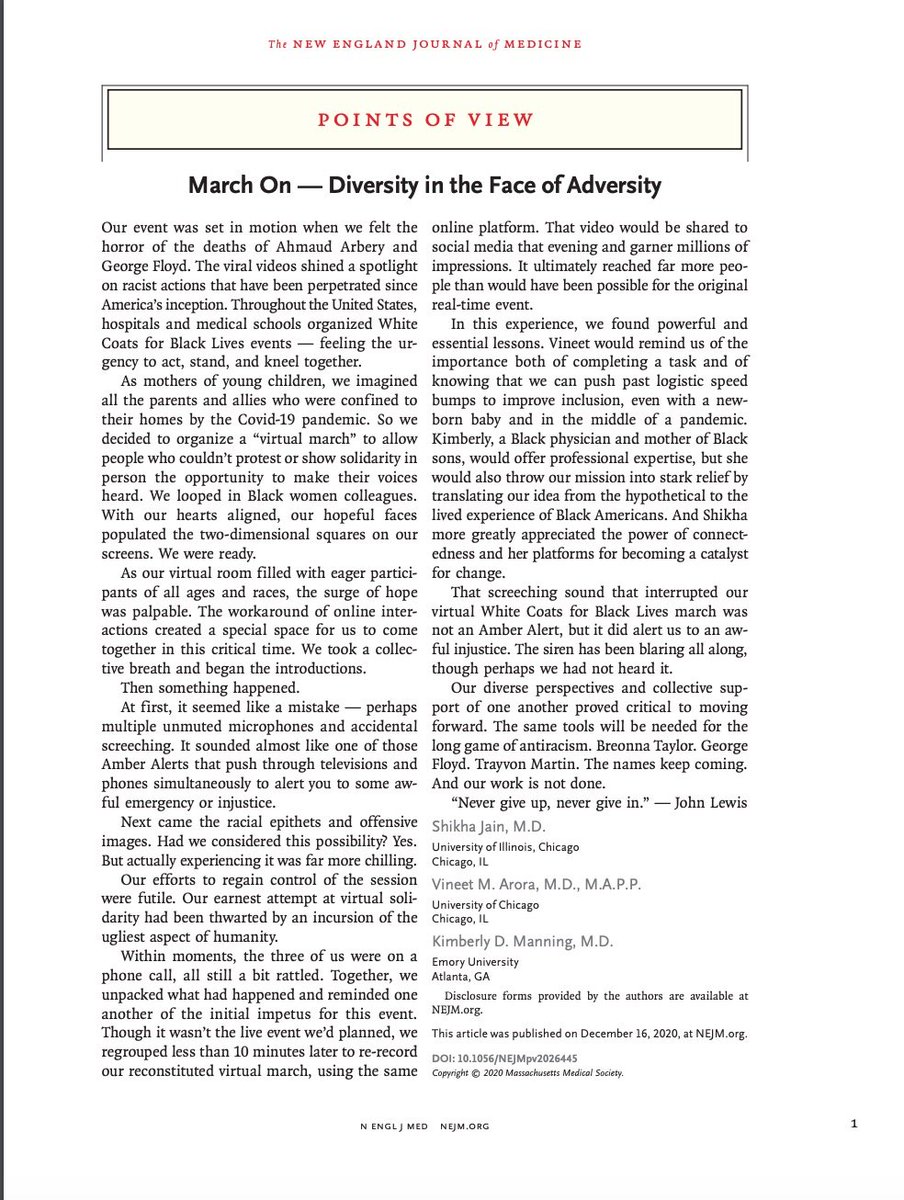 “In the face of adversity, we march on” our piece in  @NEJM with  @gradydoctor and  @FutureDocs where we describe our  #WhiteCoatsForBlackLives virtual march that was zoom bombed this past spring.  https://www.nejm.org/doi/10.1056/NEJMpv2026445