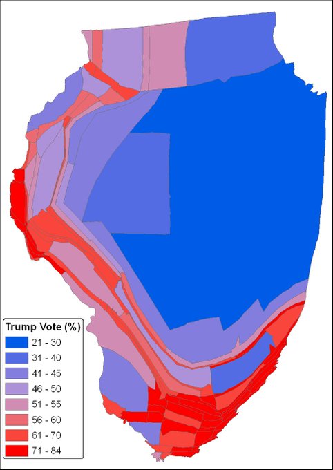 Maps are mostly for showing where things are. But think of a basic question like “Where do most Trump voters in Illinois live? The Chicago area, or the other parts of the state?” It’s almost impossible to answer it with typical election maps, or with common alternative designs.