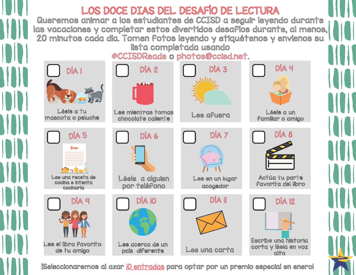 ClearCreekISD's tweet photo. CCISD is encouraging students to continue reading throughout the break &amp; complete these fun challenges for at least 20 minutes each day. Tag us in your photos reading &amp; send in your completed checklist using #CCISDReads or photos@ccisd.net for a chance to earn a special prize! https://t.co/pB8bgMhs9I