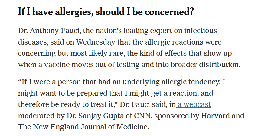 30/n Fauci ne semble pas si rassuré que ça, après les réactions anaphylactiques inattendues du premier jour: plusieurs millions d'américains sont allergiques et porteur d'Epipen et evion 5% sont allergiques  https://www.nytimes.com/2020/12/11/health/Covid-Pfizer-vaccine-allergies.html