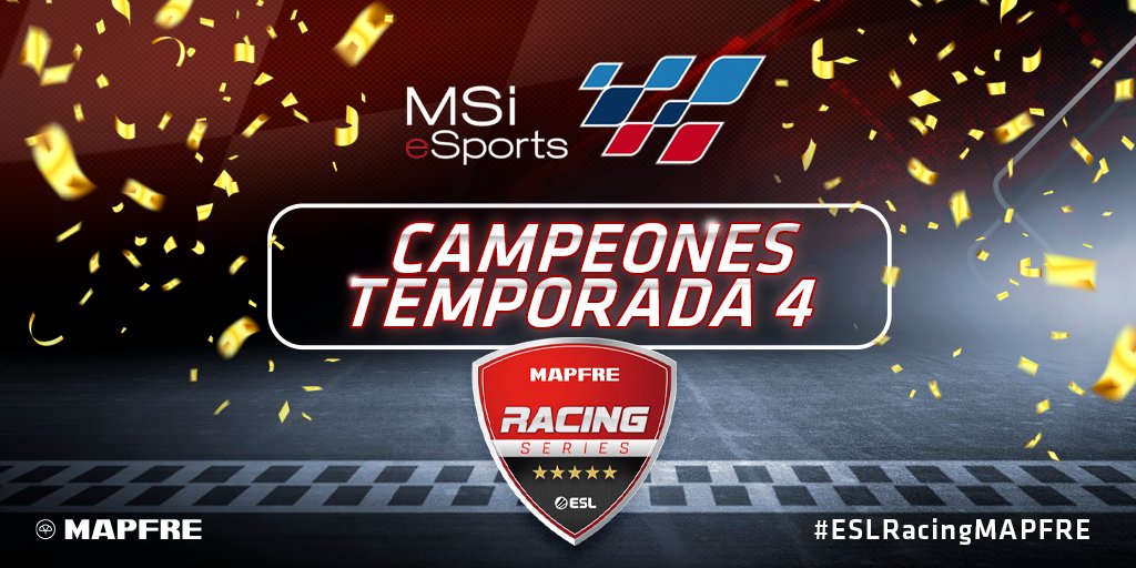 MAPFRE_ParaTi's tweet photo. ¡Impresionante! Con 8 de las 9 posiciones en los podios de las finales de hoy, @MSIeSports se alza con el título de esta Temporada 4 de la #ESLRacingMAPFRE. 

¡Enhorabuena campeones!🏆🔝

Y por supuesto...
Enhorabuena a @ZennithEsports y @ObsidianRacing por su 2º y 3º puesto👏👏 https://t.co/NVOSlVUAPY