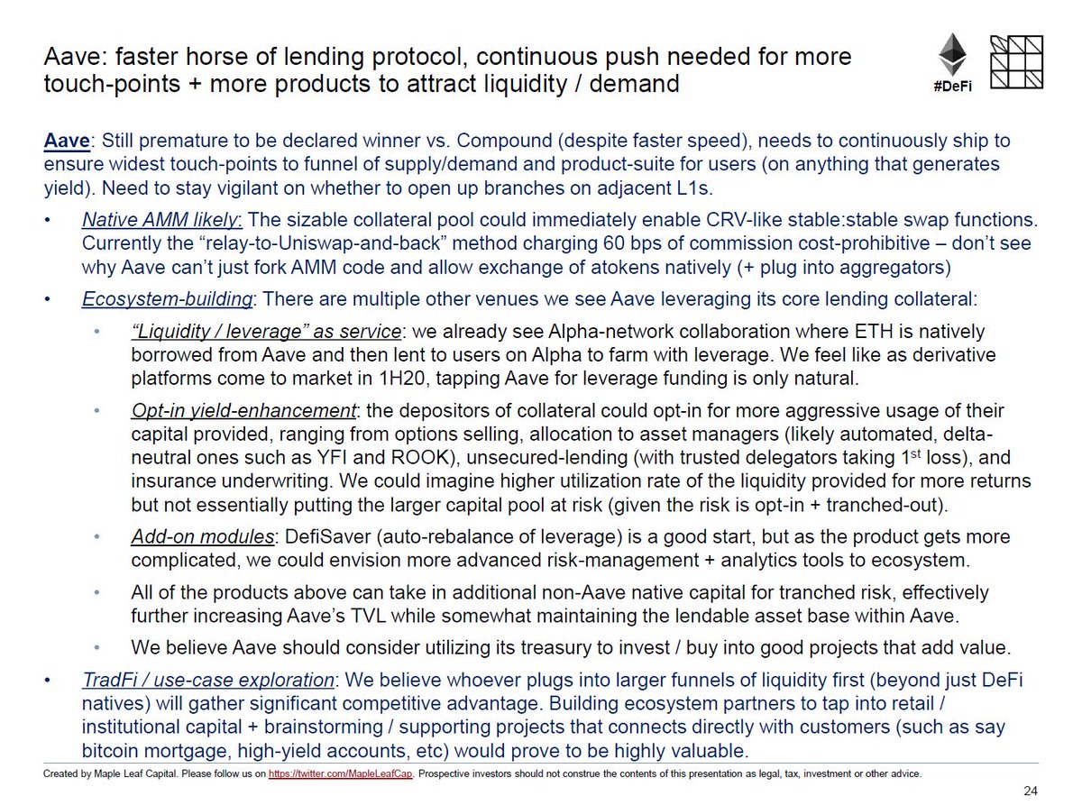 (16)  $AAVE will continue to go hard on touch-points / products while thinking about TradFi + cross-chain;  $UNI needs v3 and should watch out for disaggregation risk + failure to attract new projects.  $SNX is only feature-complete now with L2, Futures, and $DHT…