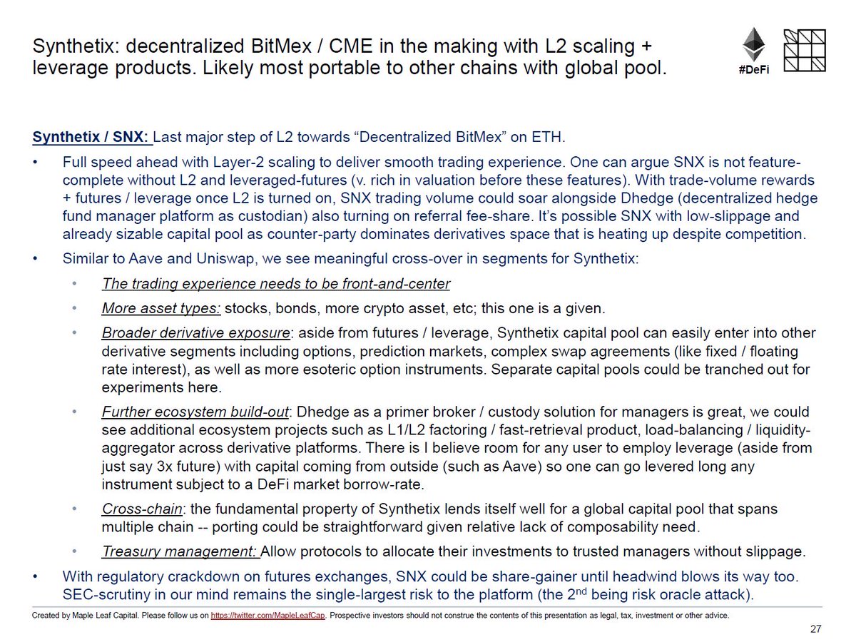 (16)  $AAVE will continue to go hard on touch-points / products while thinking about TradFi + cross-chain;  $UNI needs v3 and should watch out for disaggregation risk + failure to attract new projects.  $SNX is only feature-complete now with L2, Futures, and $DHT…